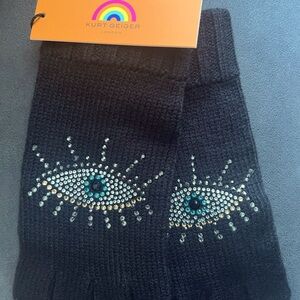 Kurt Geiger evil eye fingerless black rhinestone gloves.